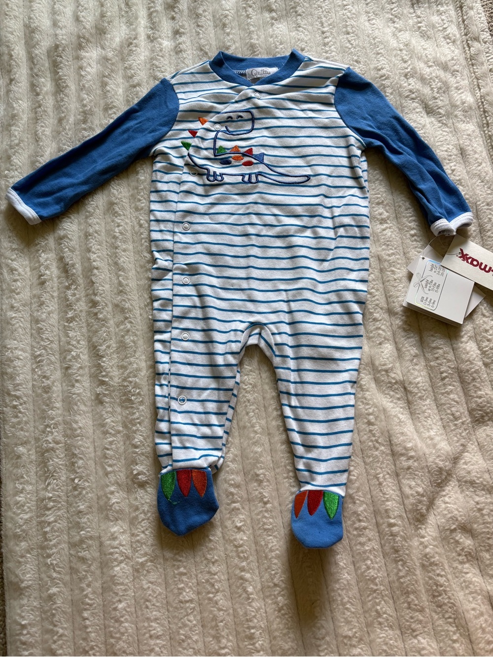 Quiltex Blue & White Striped Footed One-Piece with Dino Applique